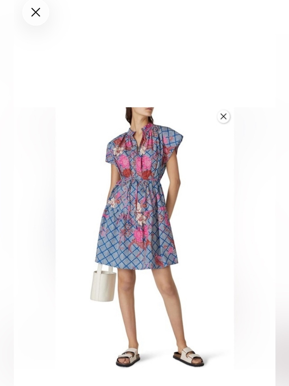 Apiece Apart Blue Floral Grid Short-Sleeve Dress